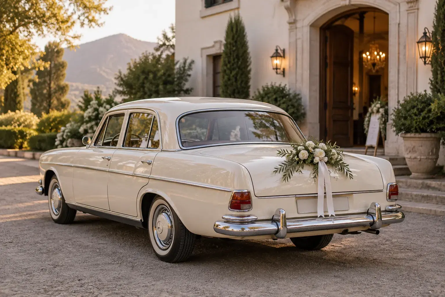 Auto clásico marfil decorado con flores blancas para un matrimonio