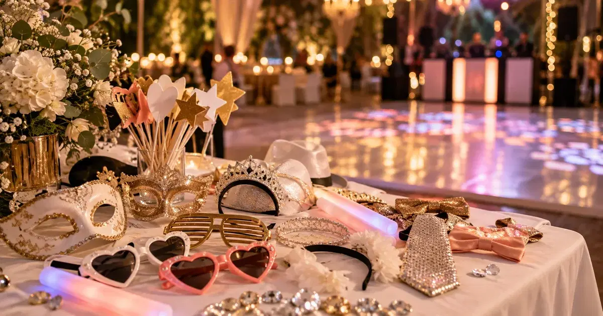 Accesorios de cotillón preparados junto a una pista de matrimonio