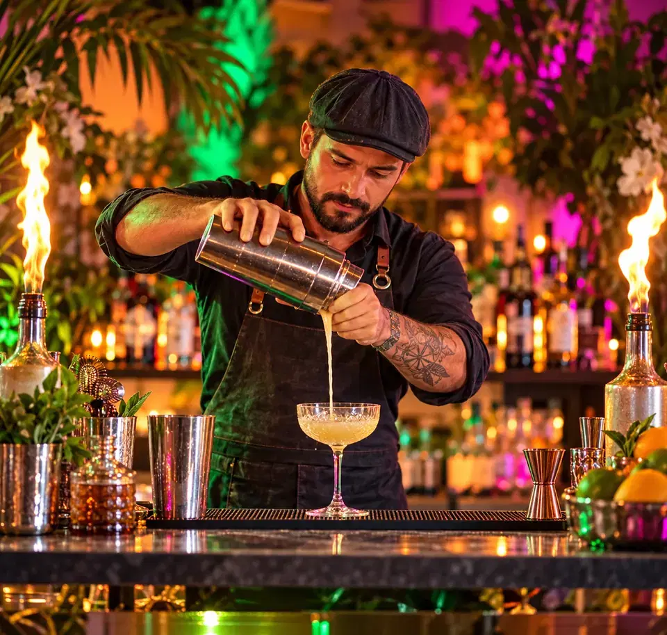 Bartender preparando un cóctel en una barra móvil con iluminación de fiesta