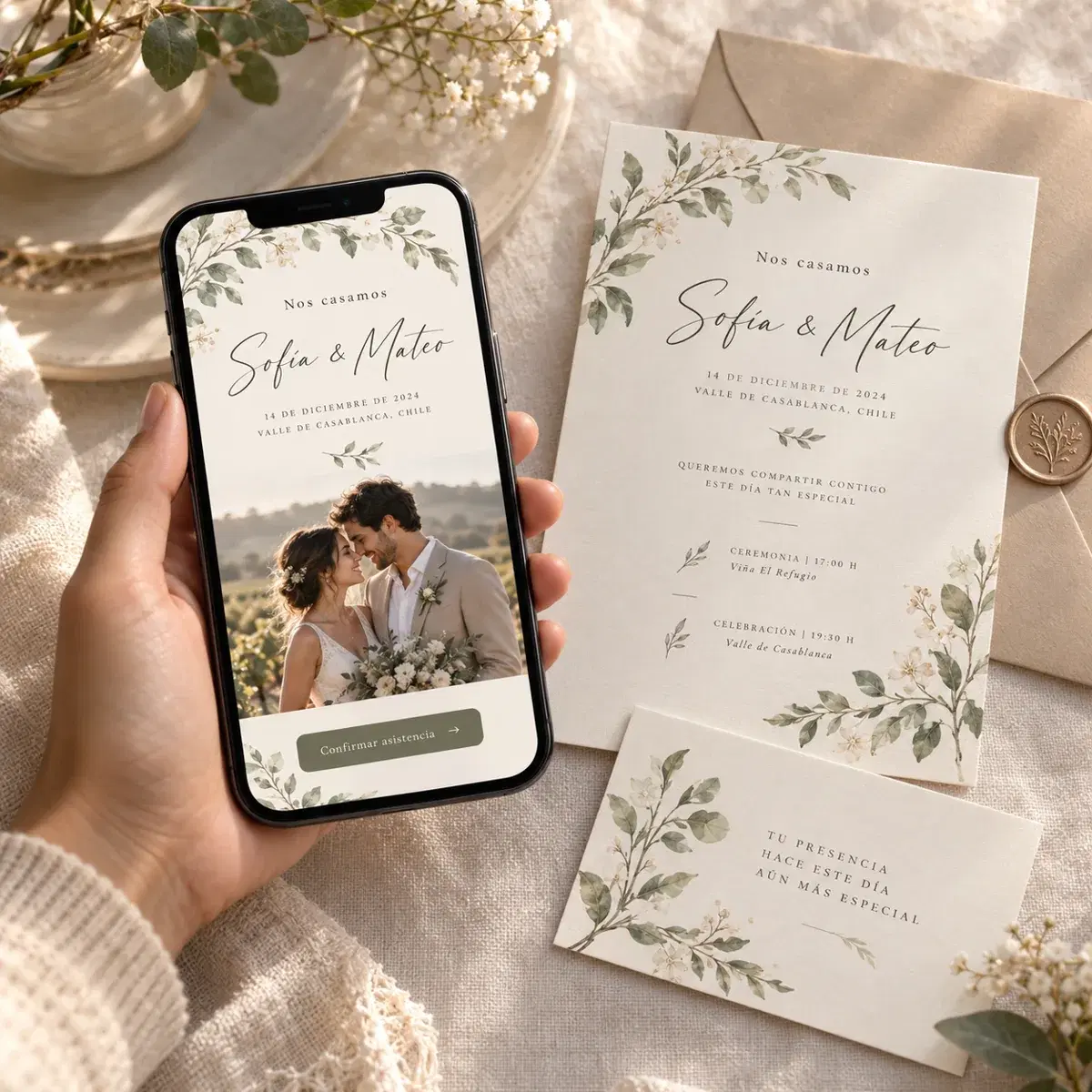 Mano sosteniendo una invitación digital en un celular junto a invitaciones impresas de matrimonio