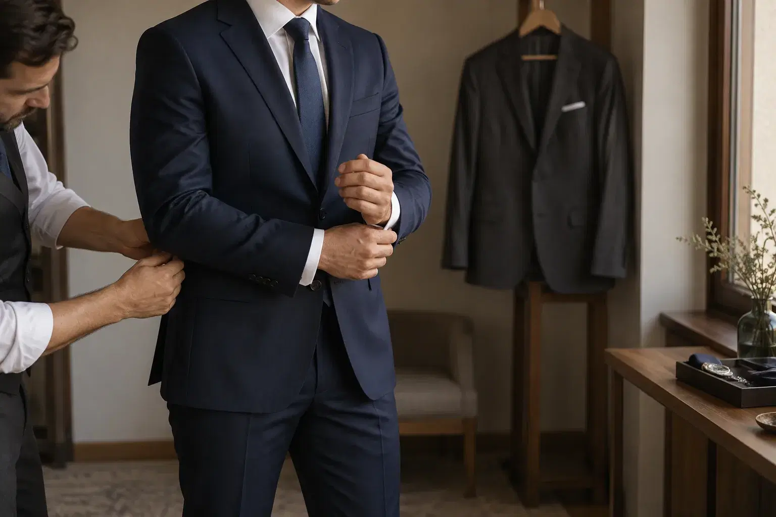 Novio durante una prueba de calce de un traje azul