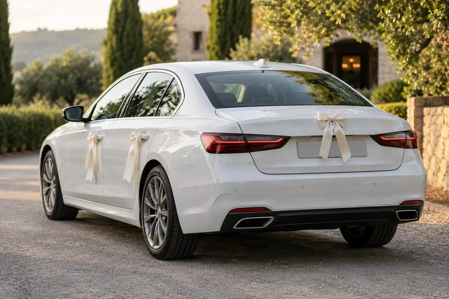 Auto blanco decorado con lazos marfil pequeños para un matrimonio