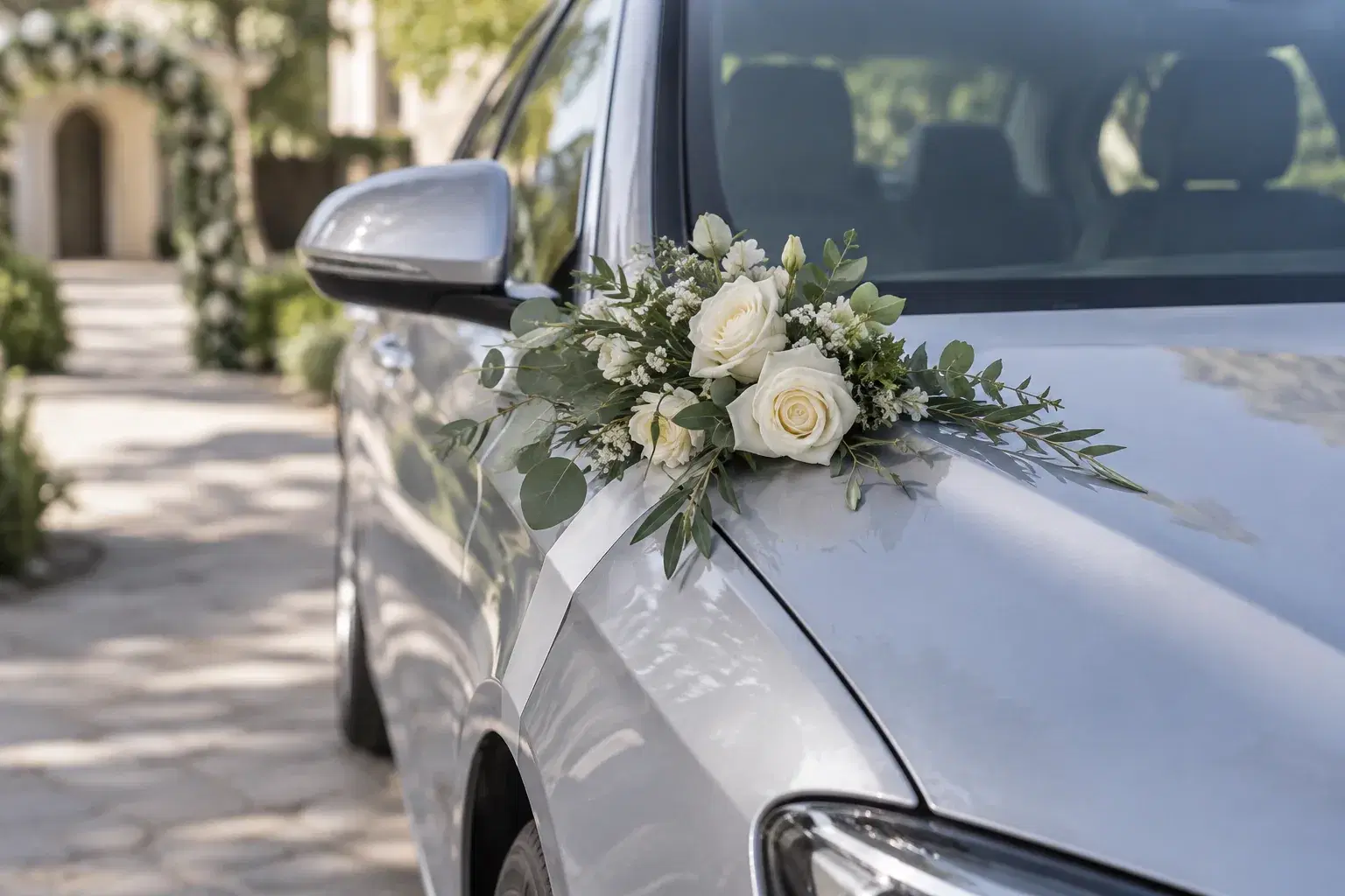 Ejemplo de decoración floral blanca y verde sobre un auto gris para matrimonio