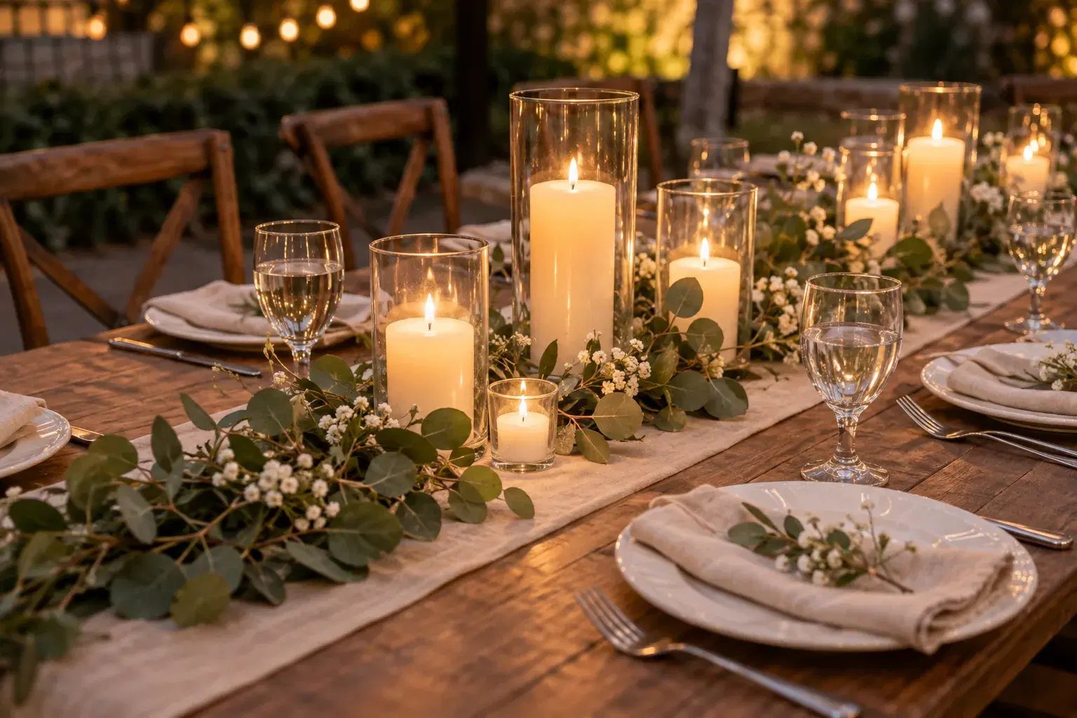 Centro de mesa económico con velas protegidas por cilindros de vidrio, eucalipto y flores blancas pequeñas