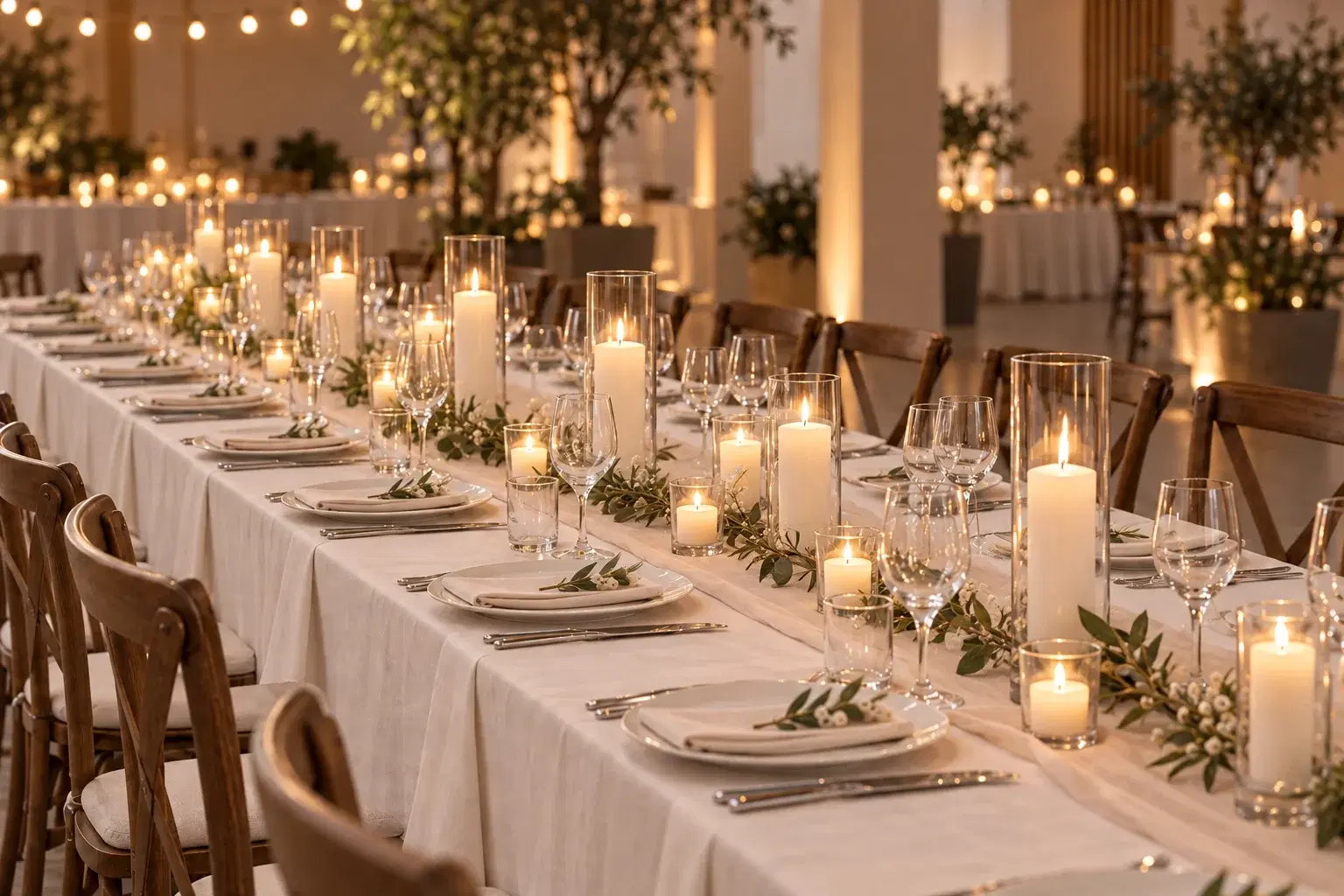 Mesa larga de matrimonio civil con velas en cilindros de vidrio, follaje y flores blancas