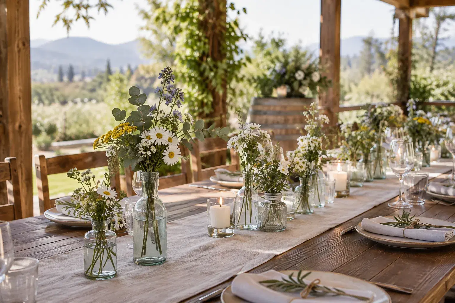 Centros de mesa rústicos con flores silvestres en botellas de vidrio sobre una mesa de madera