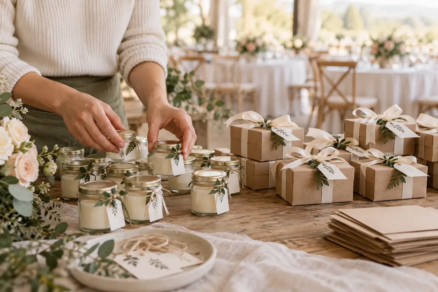 Velas y cajas de recuerdos de matrimonio organizadas sobre una mesa