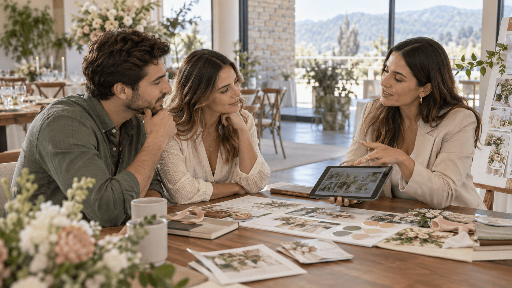 Pareja conversando con una wedding planner y revisando una propuesta visual para su matrimonio