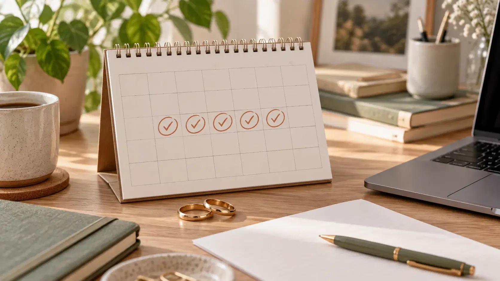 Calendario con cinco días hábiles marcados junto a argollas y un computador para representar el permiso laboral por matrimonio