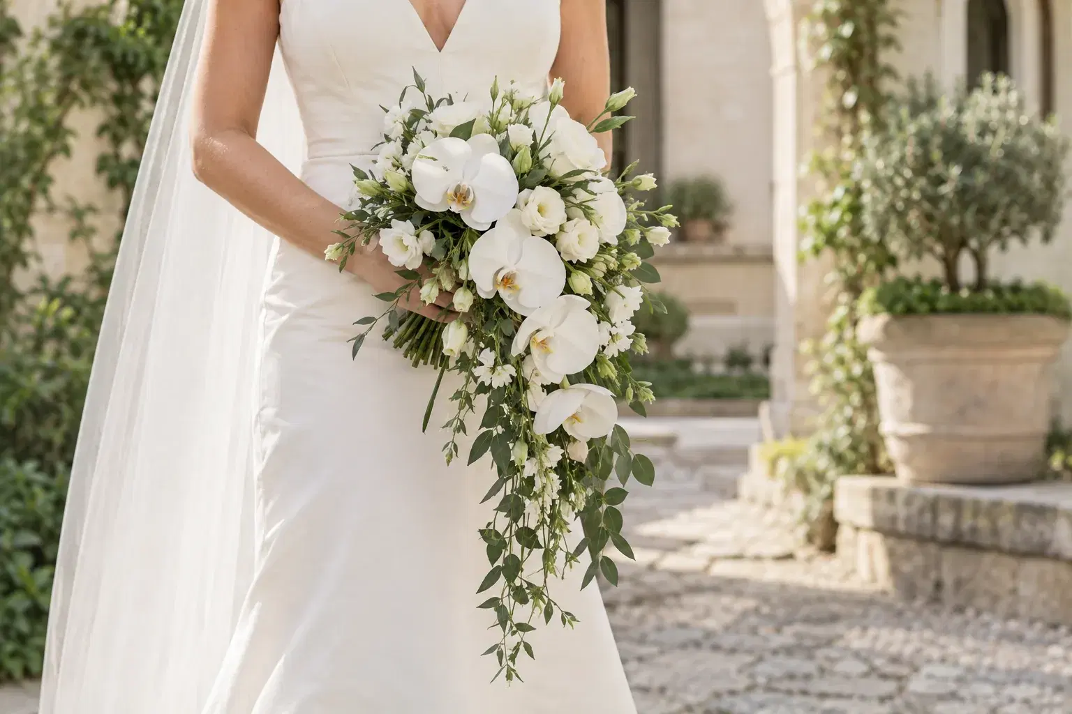 Novia sosteniendo un ramo en cascada de orquídeas blancas y follaje verde