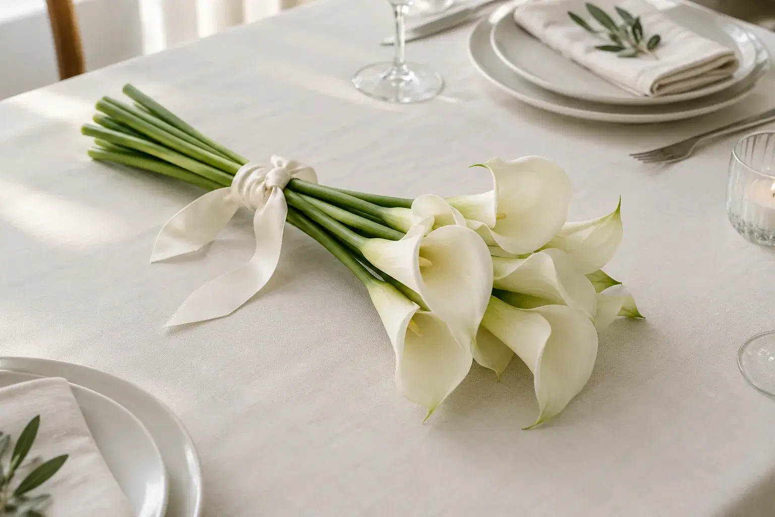 Ramo minimalista de calas blancas sobre una mesa de matrimonio civil