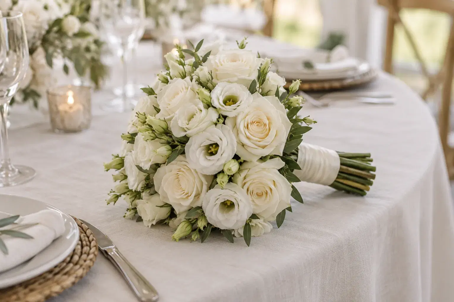 Ramo redondo clásico de rosas blancas y lisianthus sobre una mesa de matrimonio