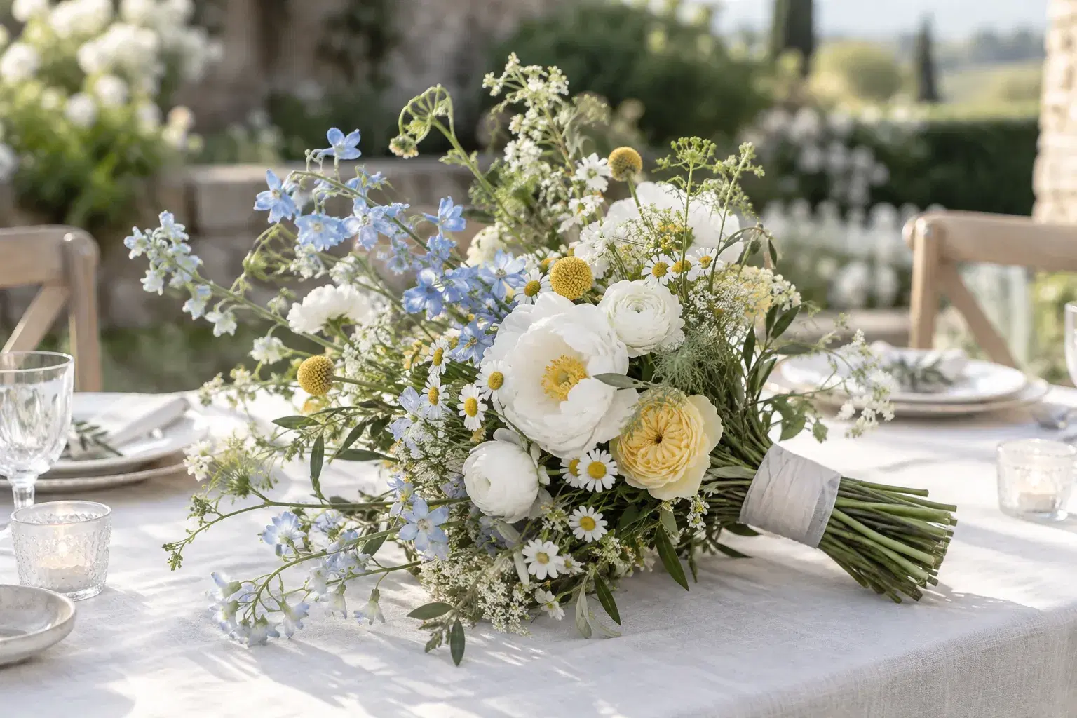 Ramo silvestre asimétrico de flores blancas, celestes y amarillas sobre una mesa de matrimonio