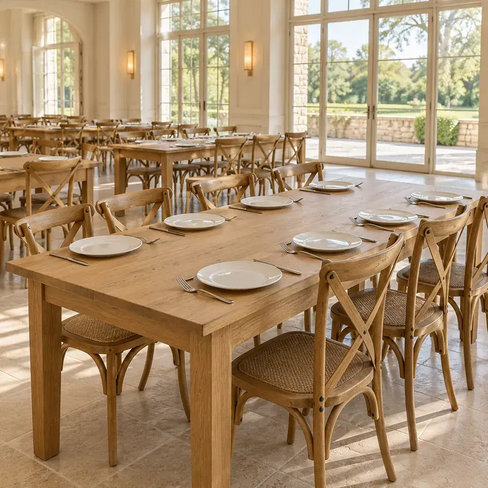 Mesas de madera con sillas, platos blancos y cubiertos para eventos