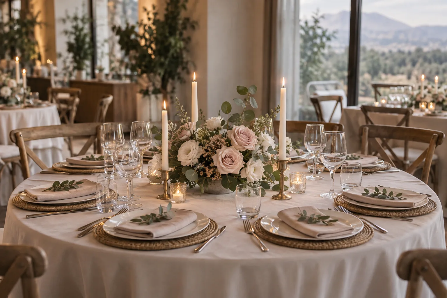 Mesa redonda de matrimonio con centro floral de rosas, flores blancas y velas altas