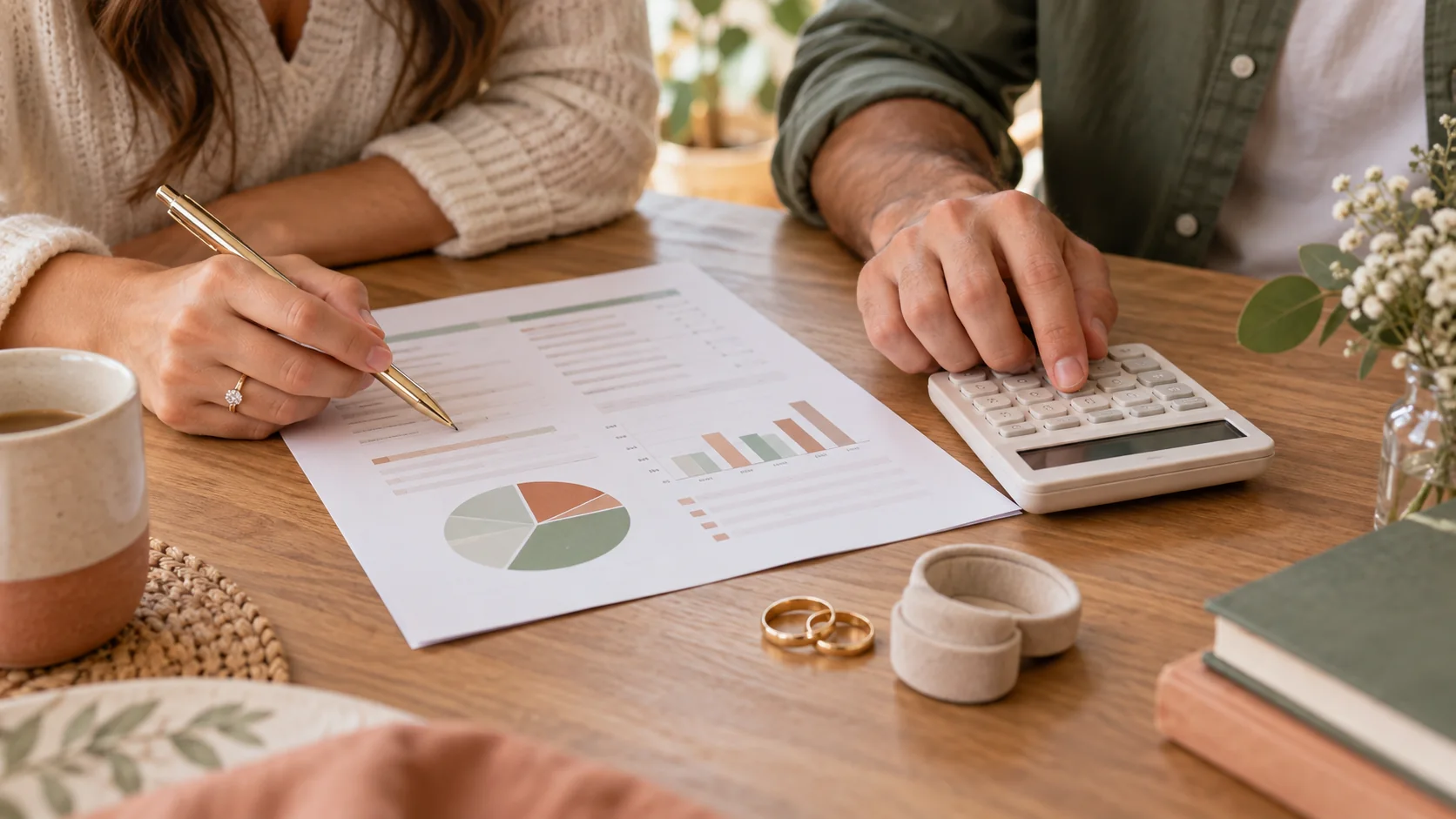 Pareja revisando el presupuesto del matrimonio civil con una calculadora y argollas sobre la mesa
