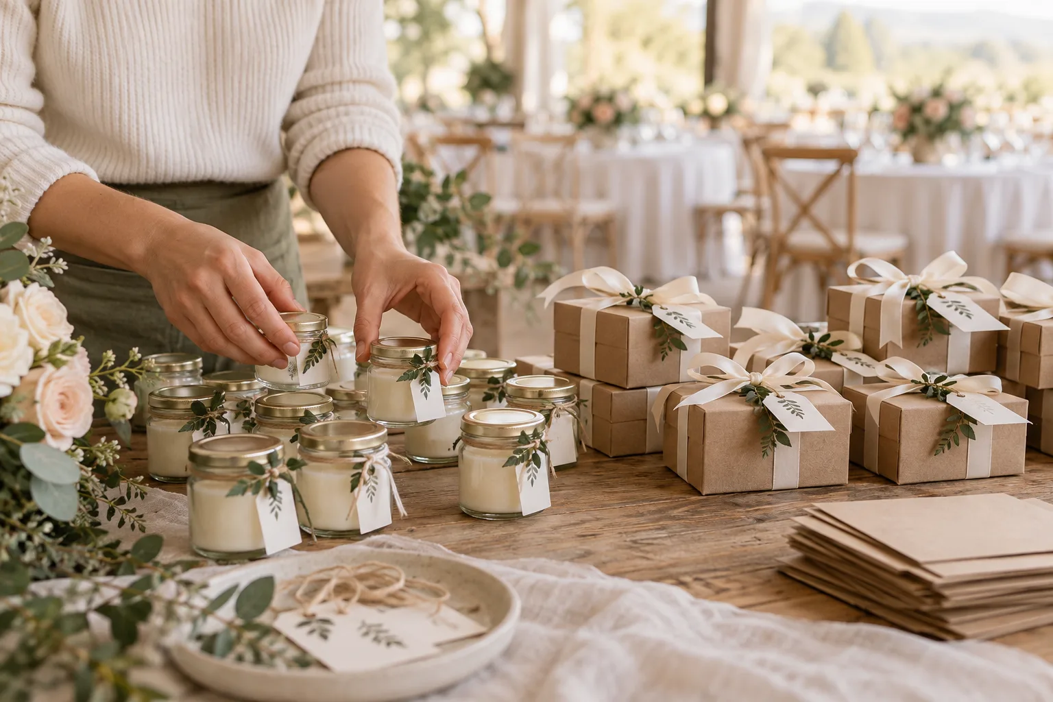 Velas y cajas de recuerdos de matrimonio organizadas sobre una mesa antes de entregarlas a los invitados