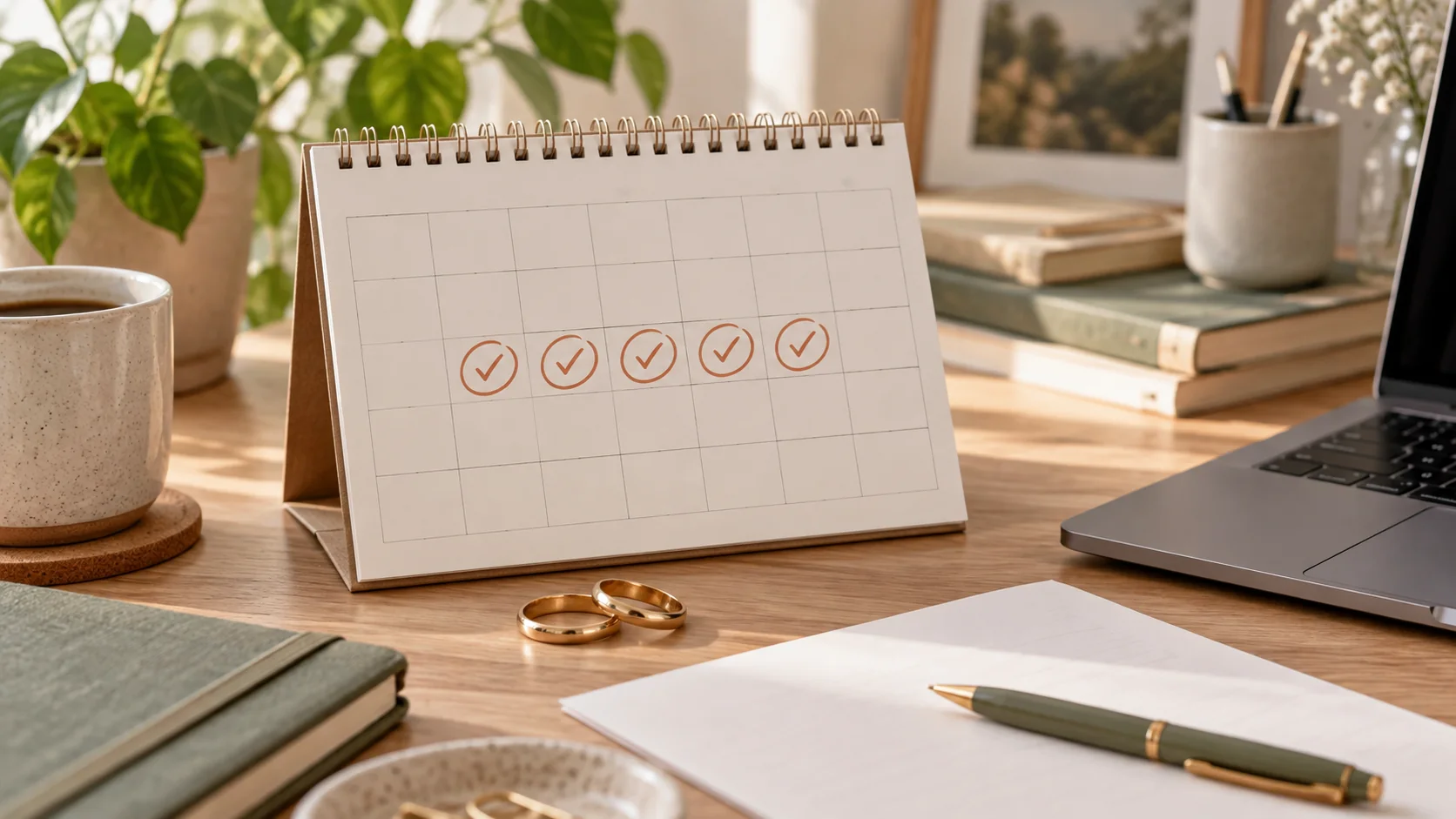 Calendario con cinco días hábiles marcados junto a argollas y un computador para representar el permiso laboral por matrimonio