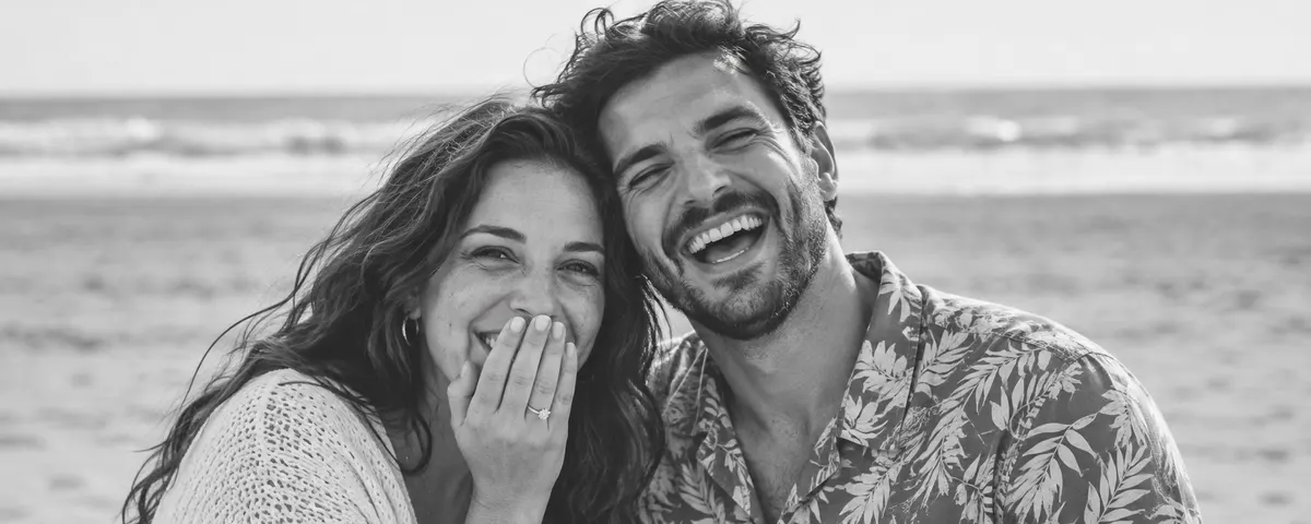 Pareja ficticia riendo juntos en la playa, en blanco y negro